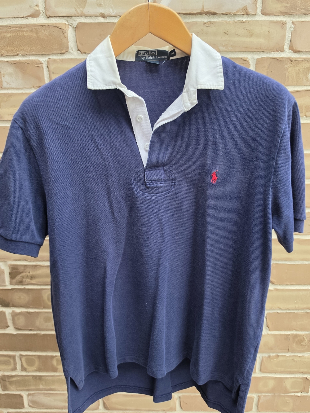 Vintage Polo Ralph Lauren Mens M Rugby Shirt Navy Blue White Collar 100% Cotton
